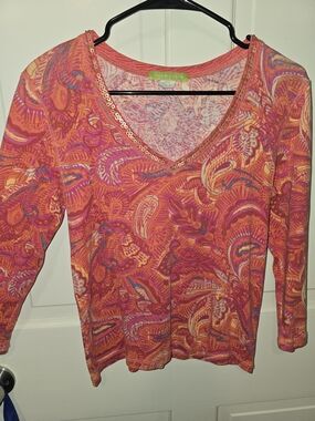 Sigrid Olsen Pink/Orange Paisley V-Neck Top with Sequin Trim
